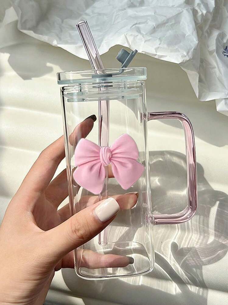 Square Glass Cup With Handle And Straws, Household Heat-Resistant Colorful Tumbler For Women, Pink
