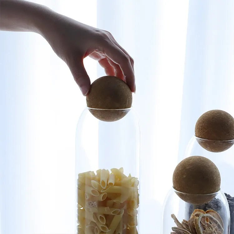 Glass Food Storage Jars with Ball Cork Lid, Bamboo Glass Containers