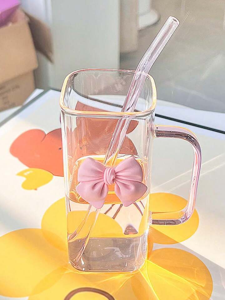 Square Glass Cup With Handle And Straws, Household Heat-Resistant Colorful Tumbler For Women, Pink