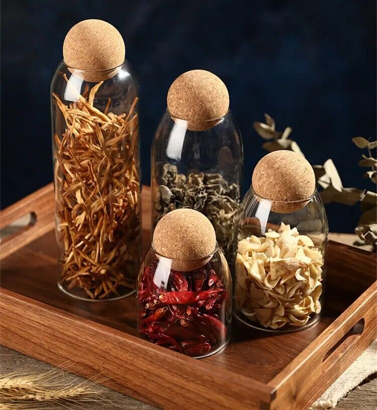 Glass Food Storage Jars with Ball Cork Lid, Bamboo Glass Containers