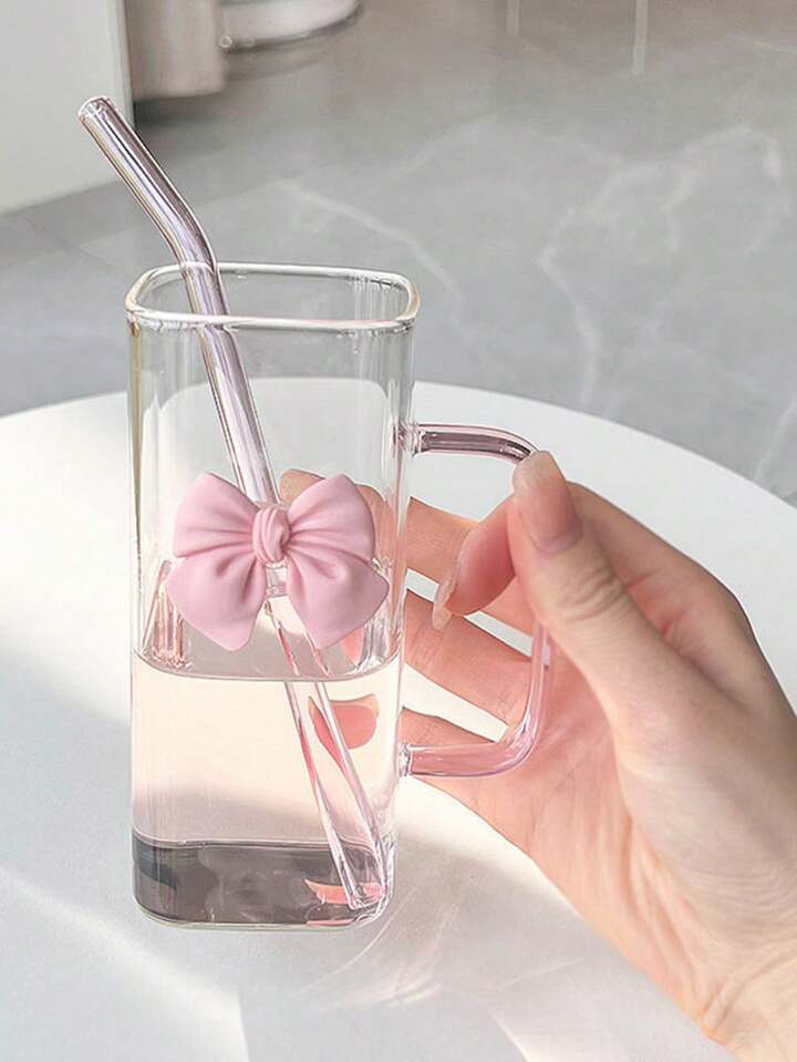 Square Glass Cup With Handle And Straws, Household Heat-Resistant Colorful Tumbler For Women, Pink