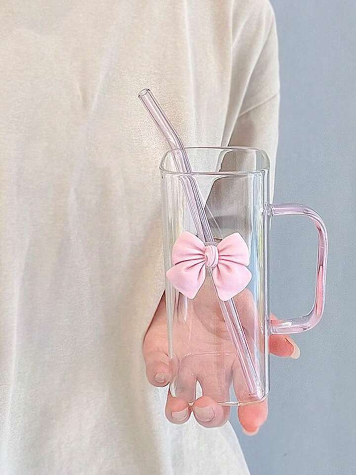 Square Glass Cup With Handle And Straws, Household Heat-Resistant Colorful Tumbler For Women, Pink