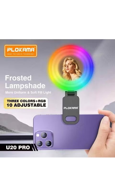 Plokama U20 PRO RGB 10 Colours Phone Clip With Mirror LED Selfie Ring Light