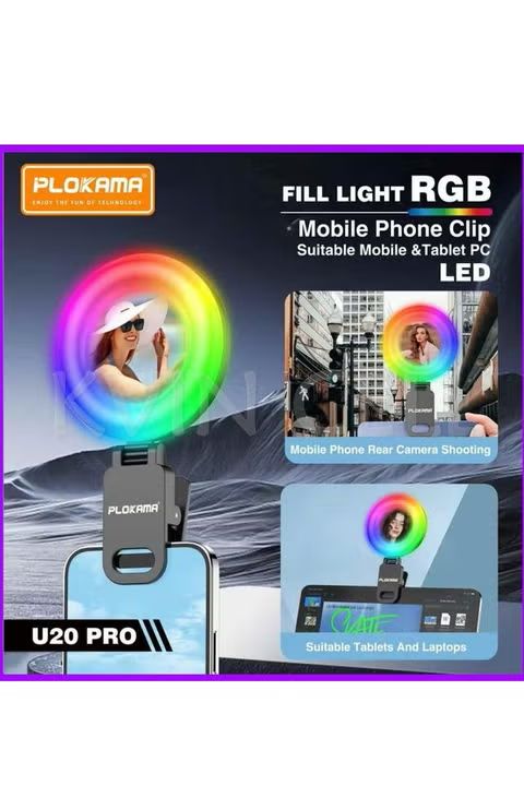 Plokama U20 PRO RGB 10 Colours Phone Clip With Mirror LED Selfie Ring Light
